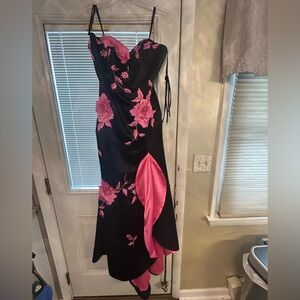 Terani Couture Black Dress with Hot Pink Floral Satin Inset